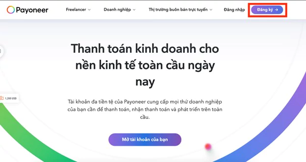 Nhấn nút “Đăng Ký” bên góc phải màn hình website Payoneer