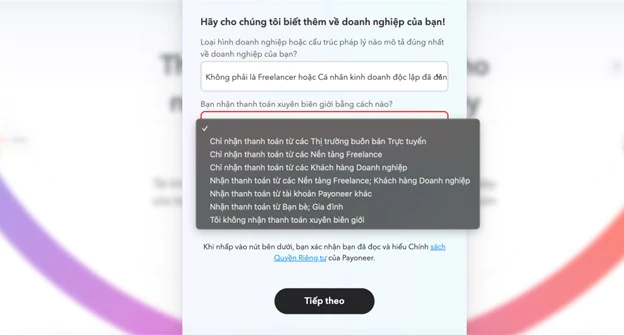 Cho Payoneer biết bạn đang nhận thanh toán bằng cách nào